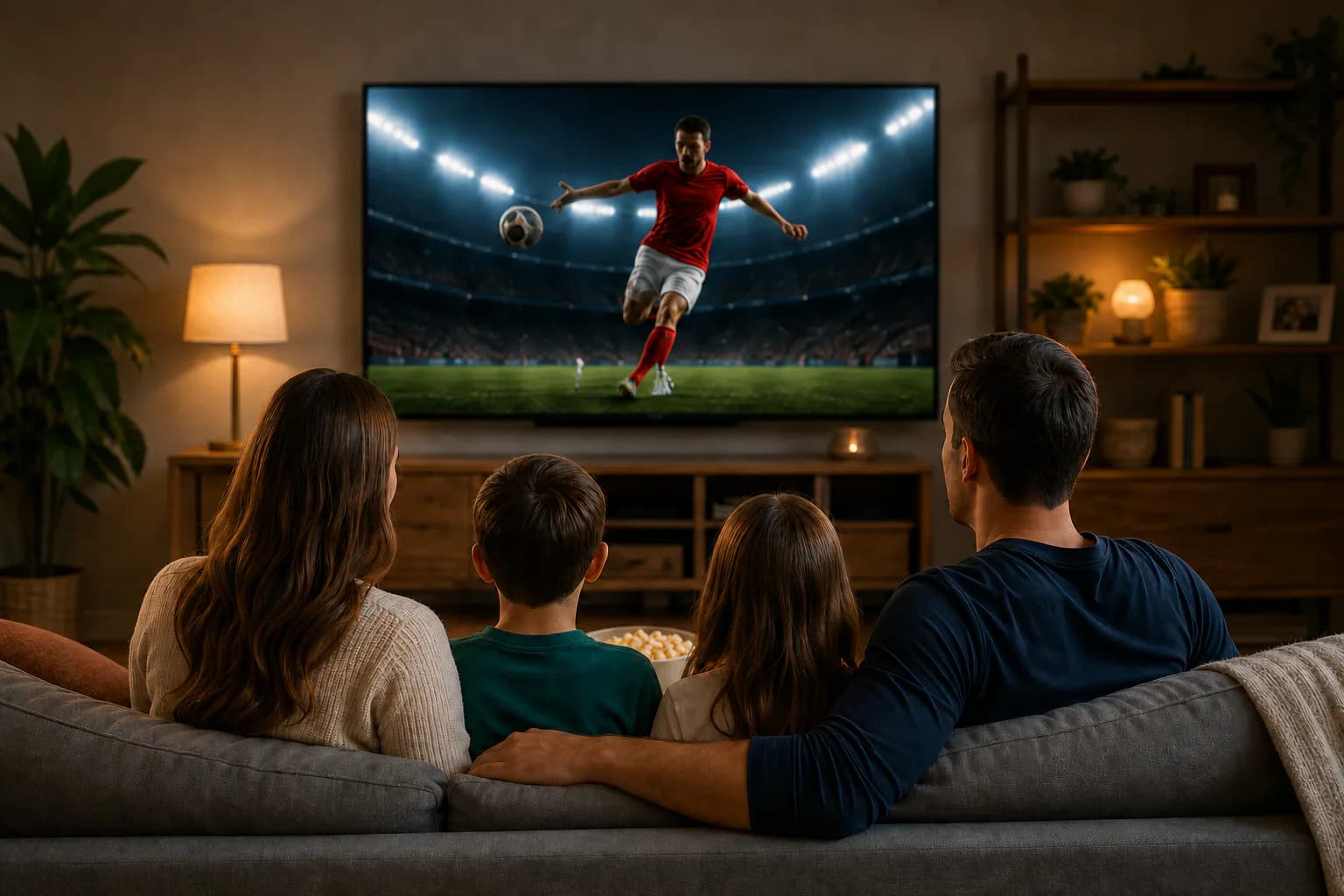 Family watching live sport together on a television